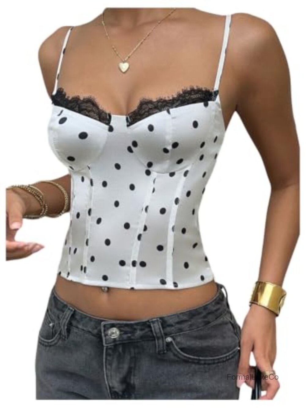 Polka Dots Satin Lace Trim Cami Crop Top Slim Fit Sweetheart Neck